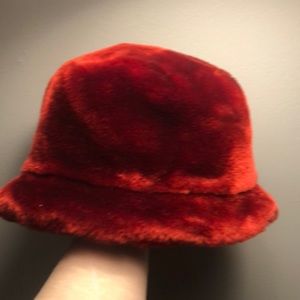 red fur bucket hat with satin inside worn once